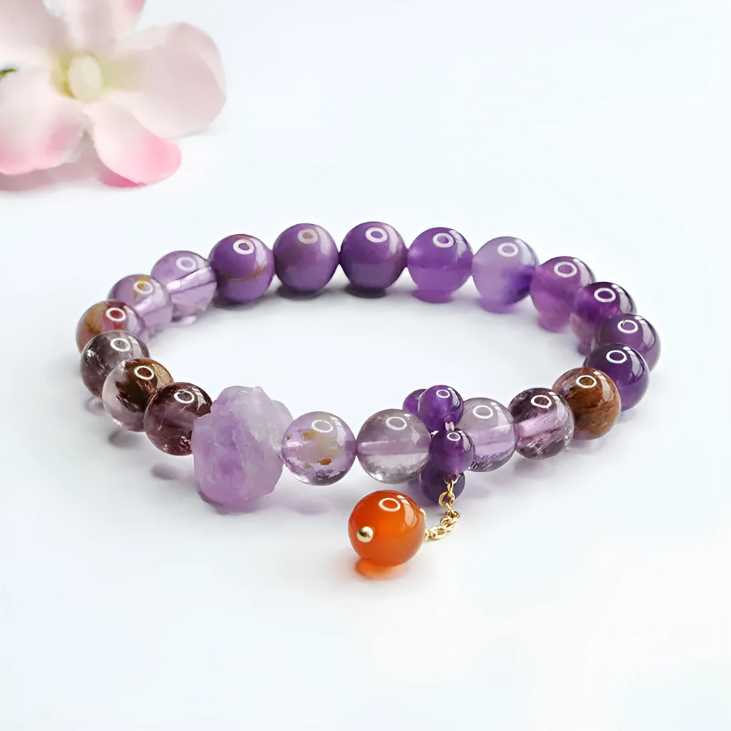Natural nine purple fire Duobao crystal bracelet with 8mm amethyst beads and red agate stones in Mori style