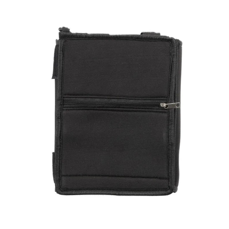 Black canvas large capacity packing tote bag with shoulder straps, folded flat for storage