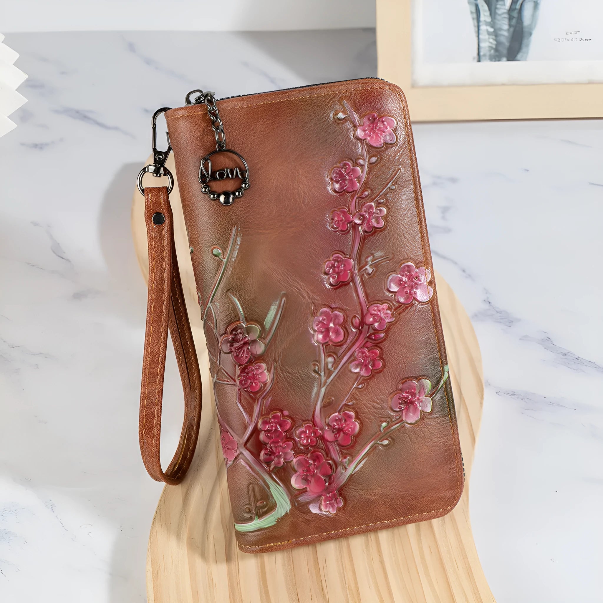 Embossed hand-painted Chinese style floral pattern handbag with zipper closure in black, brown or coffee colour