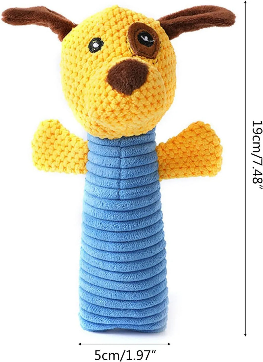 Squeaky stuffed dog chew toy in animal shape for dental cleaning and play
