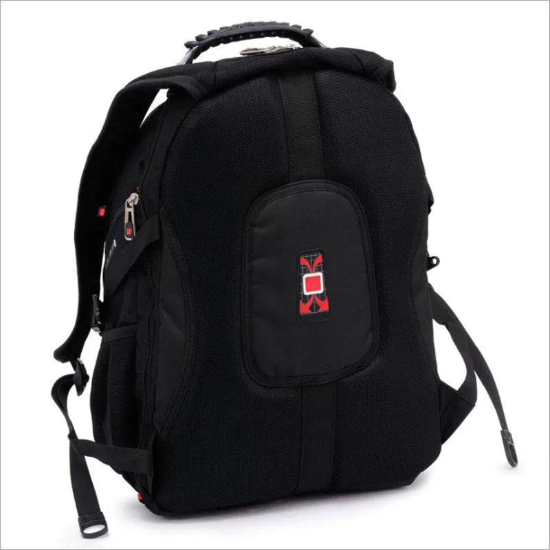 Black business backpack open to show laptop compartment and internal organisers.