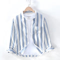 Men's blue Hong Kong style loose fit long sleeve polyester shirt for casual spring summer wear