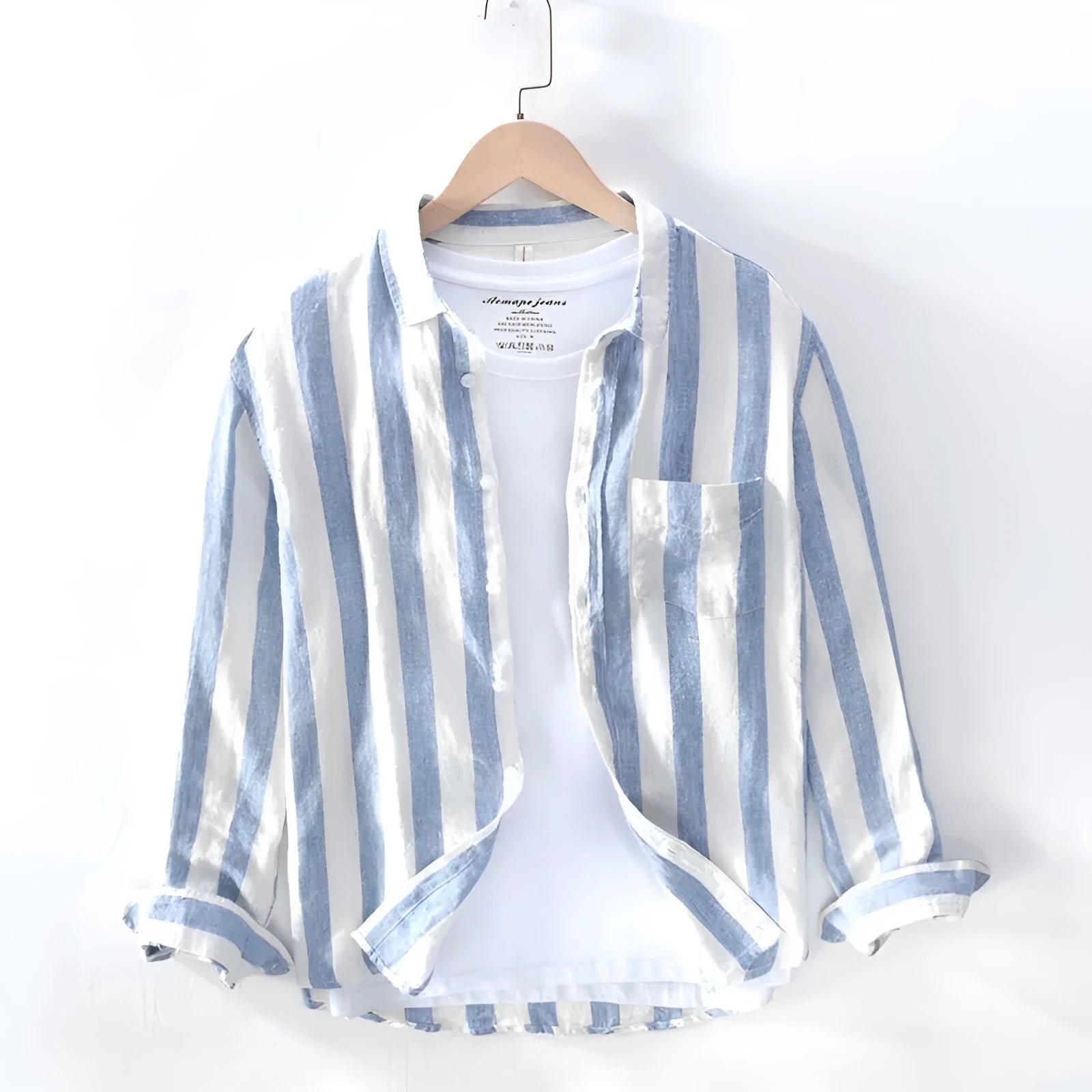 Men's blue Hong Kong style loose fit long sleeve polyester shirt for casual spring summer wear