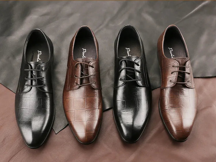 Men's black and brown checkered patterned cow leather derby shoes with pointed toe on a rubber sole.
