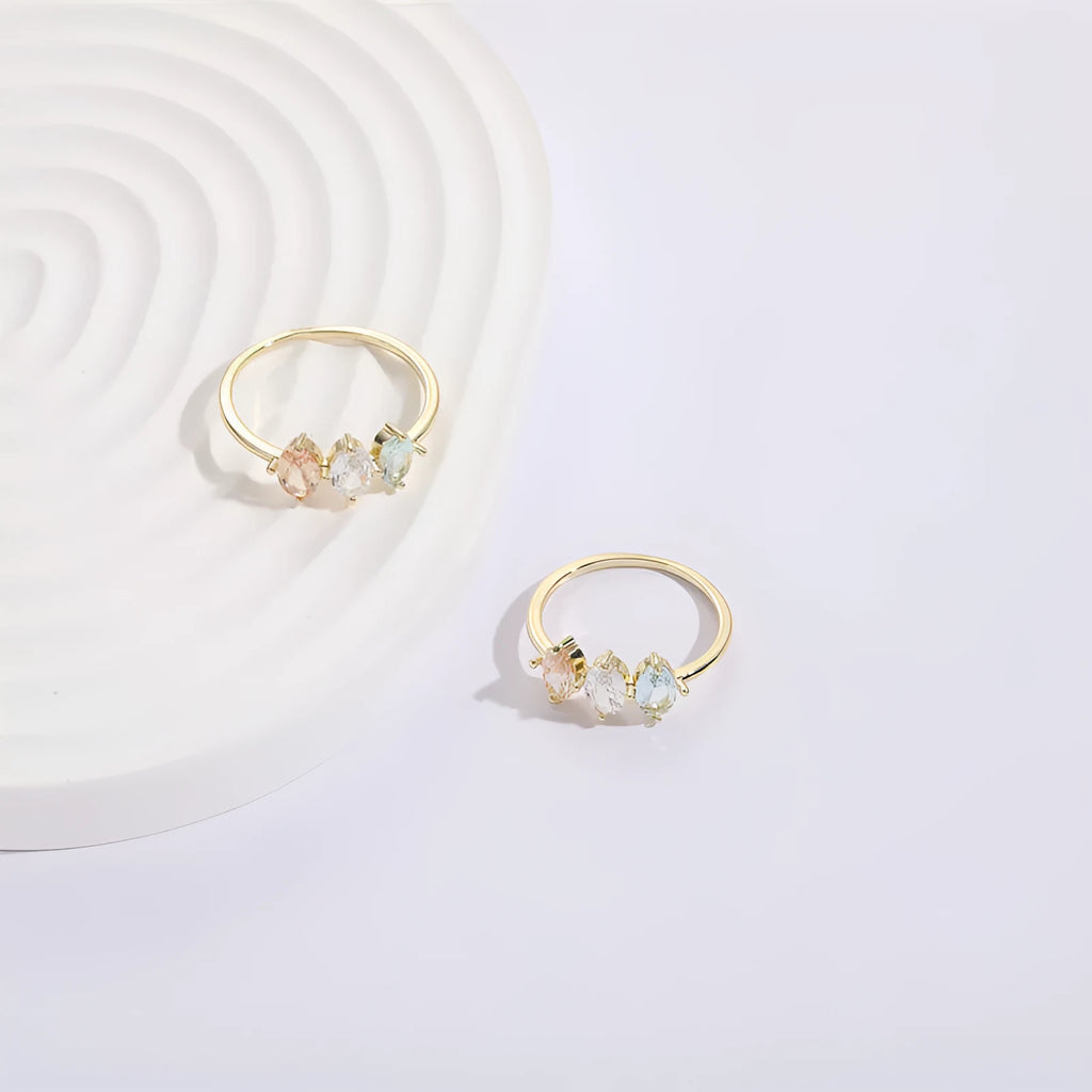 Geometric triangular copper women's ring with tricolour zircon stones and electroplated gold colour finish