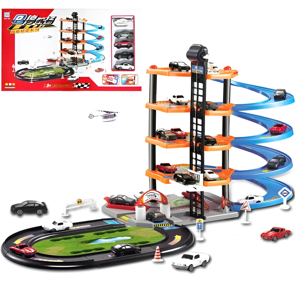 Multi-coloured 3D parking lot model toy made from ABS plastic for children's DIY assembly and spatial thinking play