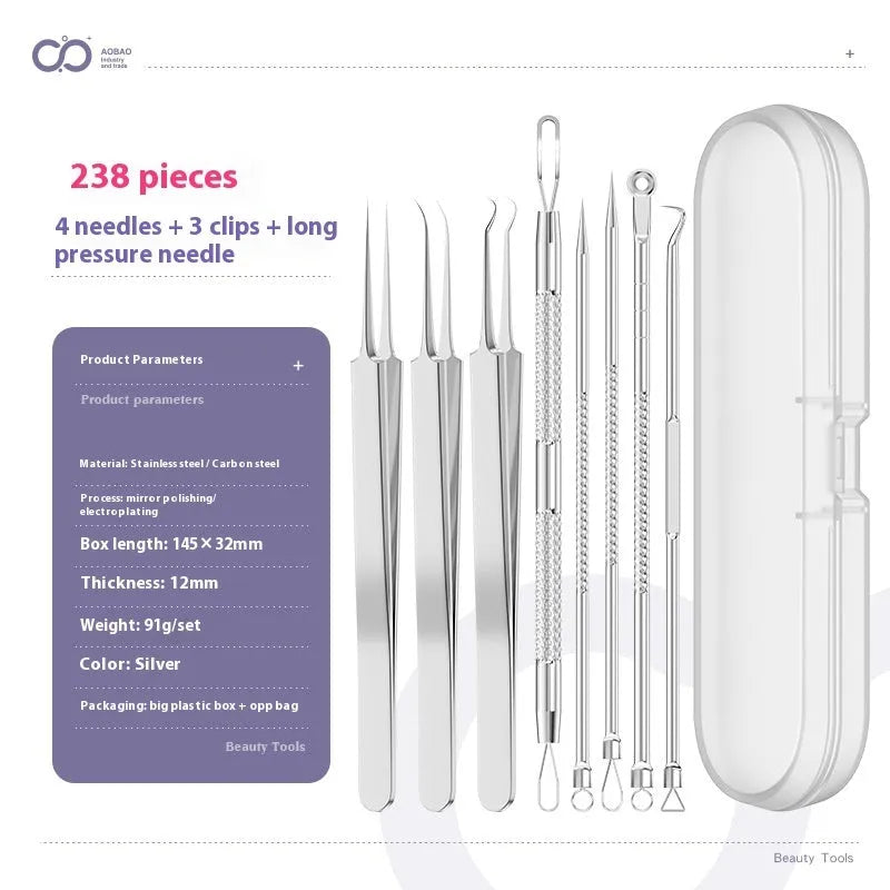 Four metal acne needles with ultra-fine pointed tips laid out in a set.