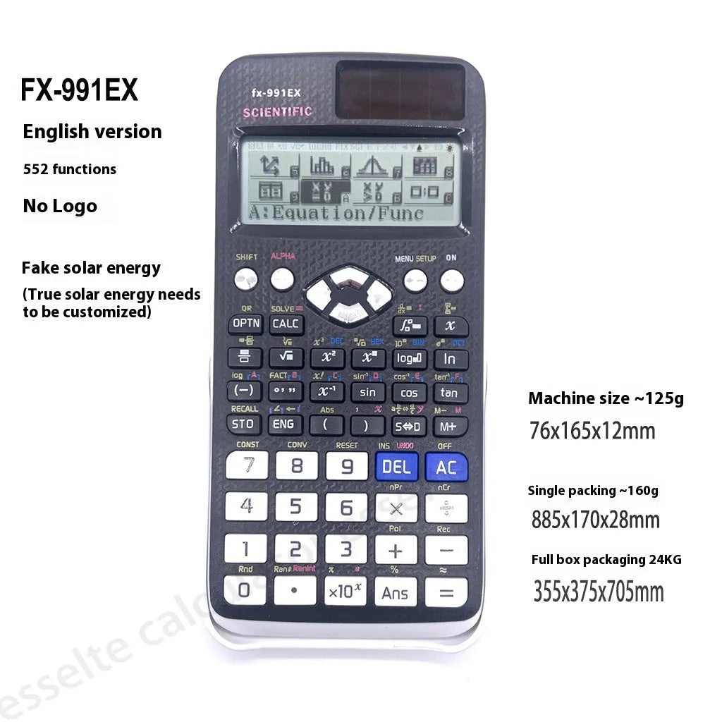 991EX scientific calculator in black, blue, or pink with solar panel and multi-line display.