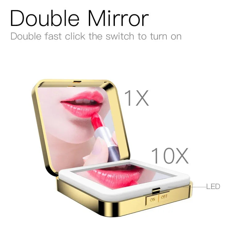 Black and white lighted makeup mirror showing 4x magnifying section and adjustable warm and cool lights.