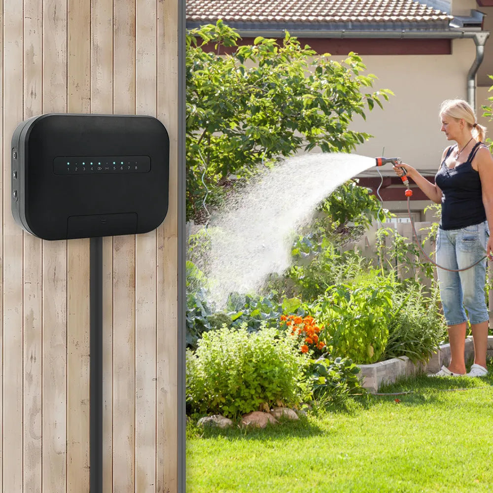 8-way smart water valve irrigation controller with wireless bridge, available in white green gray and black for EU garden use