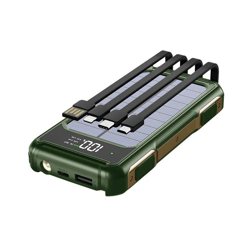 Black, green, and orange military-grade portable power bank showing USB ports, 10000mAh and 20000mAh capacity options