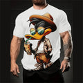 Front view of a men's loose grey T-shirt with a cartoon character 3D print, short sleeves.