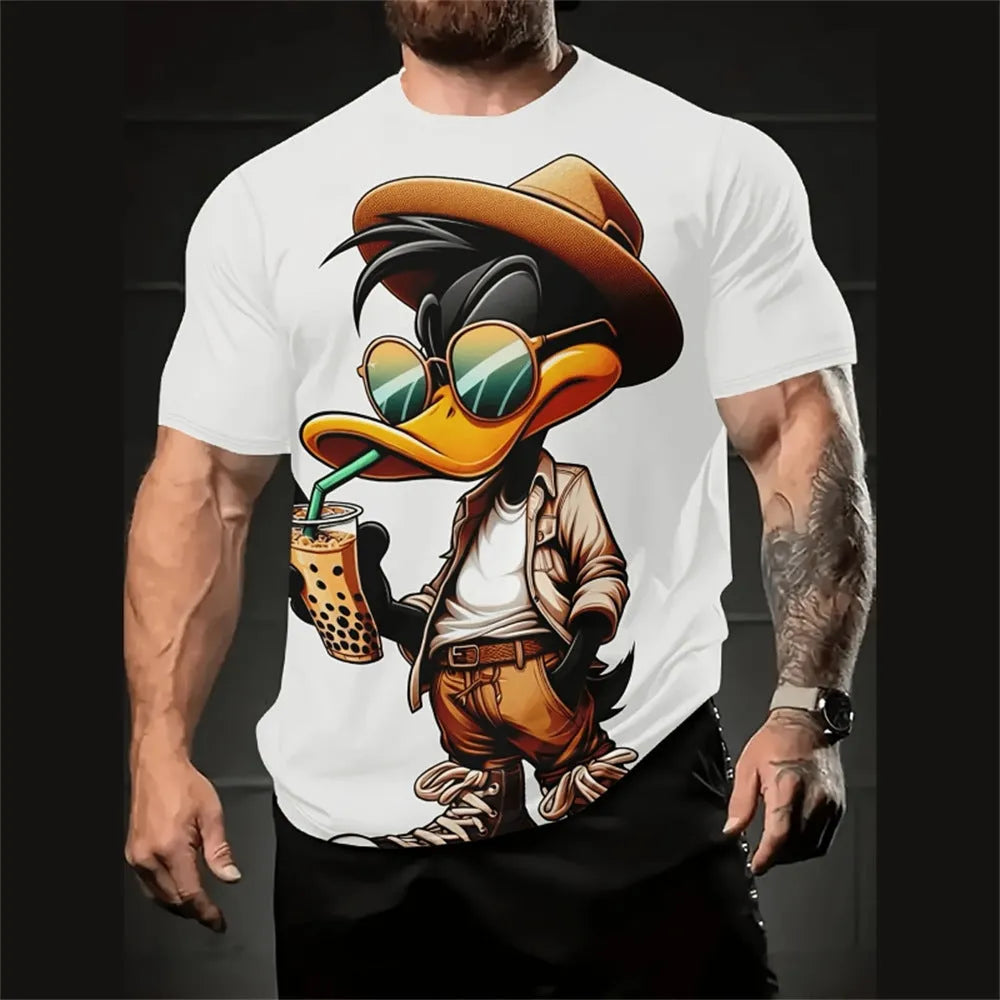 Front view of a men's loose grey T-shirt with a cartoon character 3D print, short sleeves.