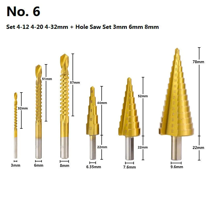 Cone drill bit punch set with high speed steel step drills and centre punches in six configuration options