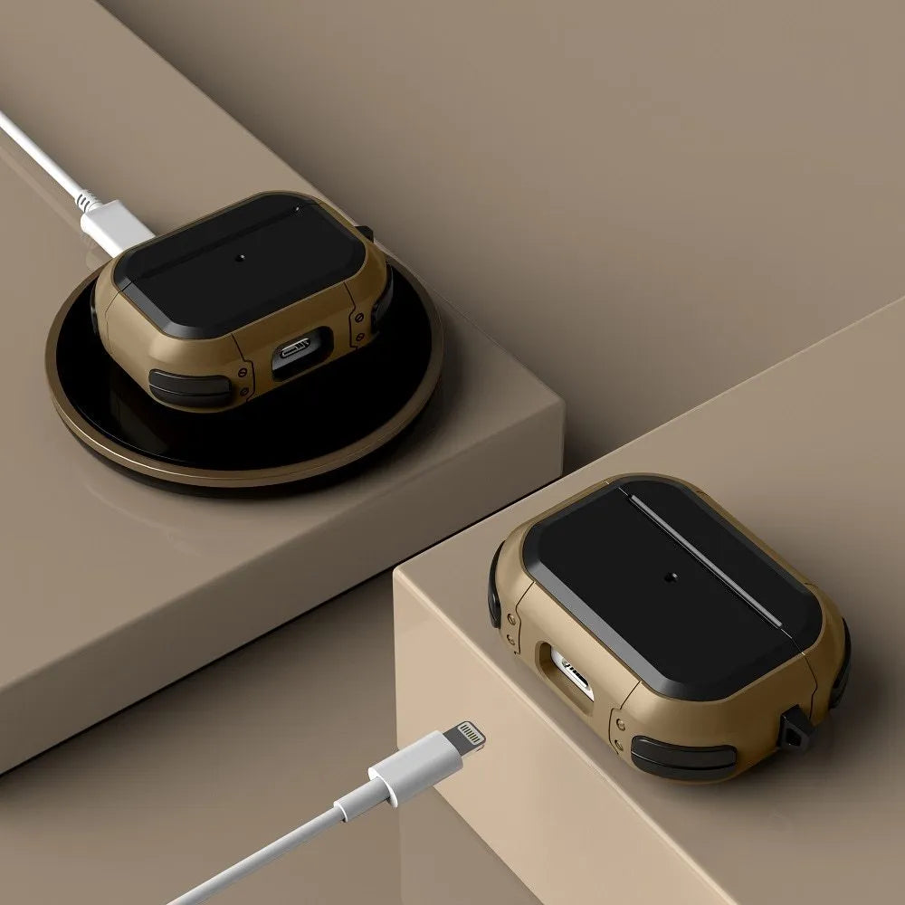 TPU and PC protective case cover for Apple AirPods charging case in various colours.