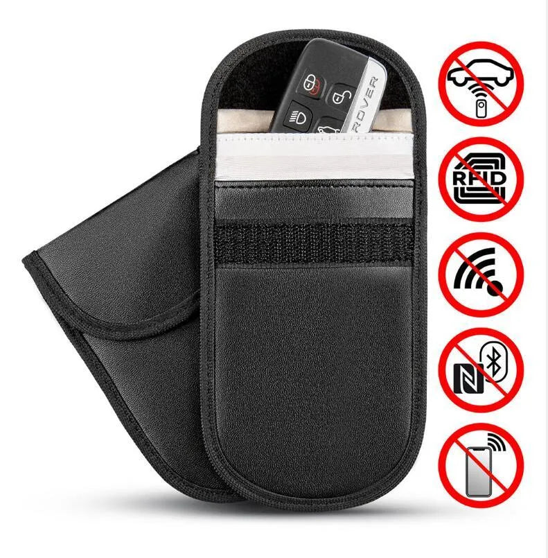 Black microfiber RFID blocking bag measuring 13.5 by 9.5 centimetres with Faraday cage signal protection