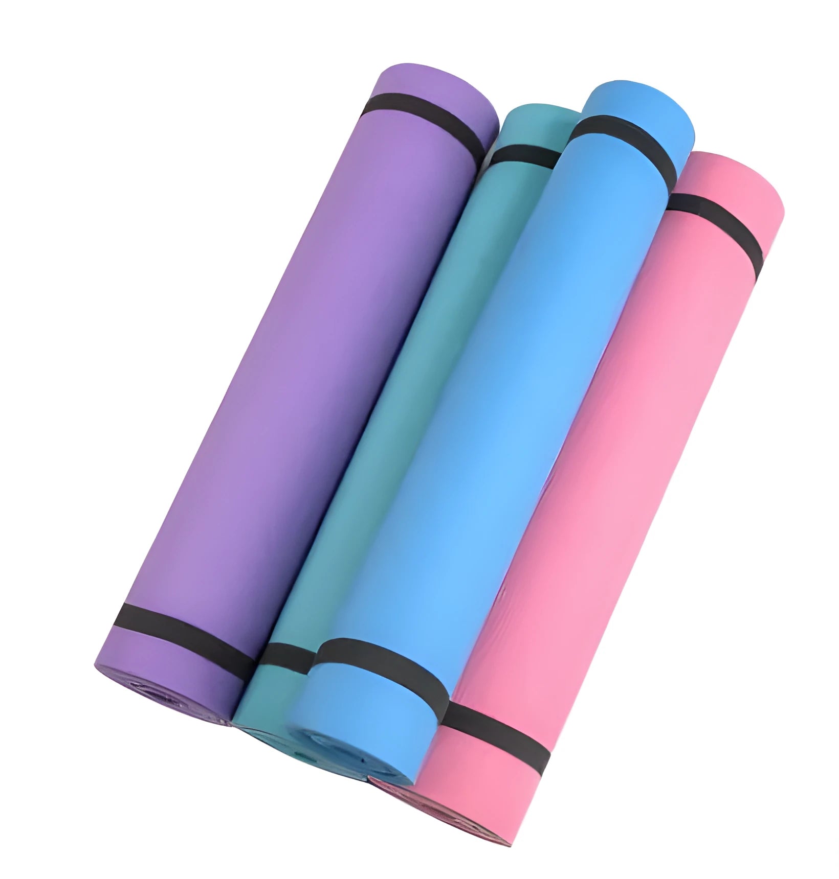 Red EVA fitness yoga mat with rolled edge showing thickness, laid flat on a wooden floor.