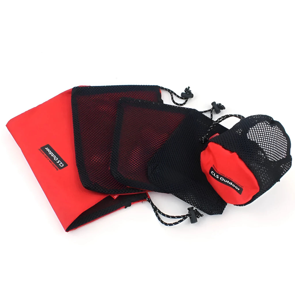 Red five-piece outdoor travel toiletry bag set with zippers and mesh panels