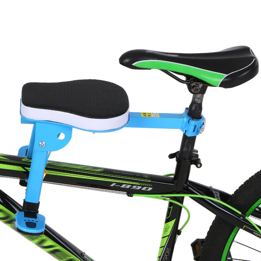 Front bicycle child seat with padded cushion and foldable pedal mounted on a bike