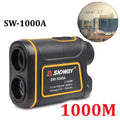 Handheld golf rangefinder showing digital display with distance measurement