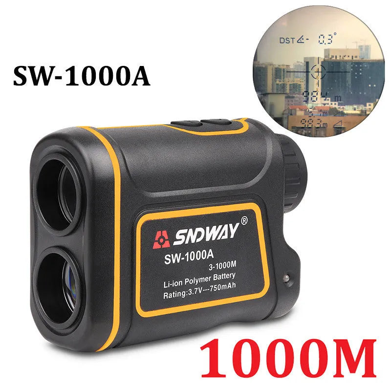 Handheld golf rangefinder showing digital display with distance measurement
