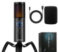Black Q18 USB condenser microphone with RGB lights on a metal tripod stand