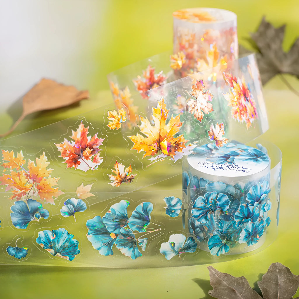 Six rolls of PET decorative stickers showing autumn leaf designs including ginkgo and maple patterns
