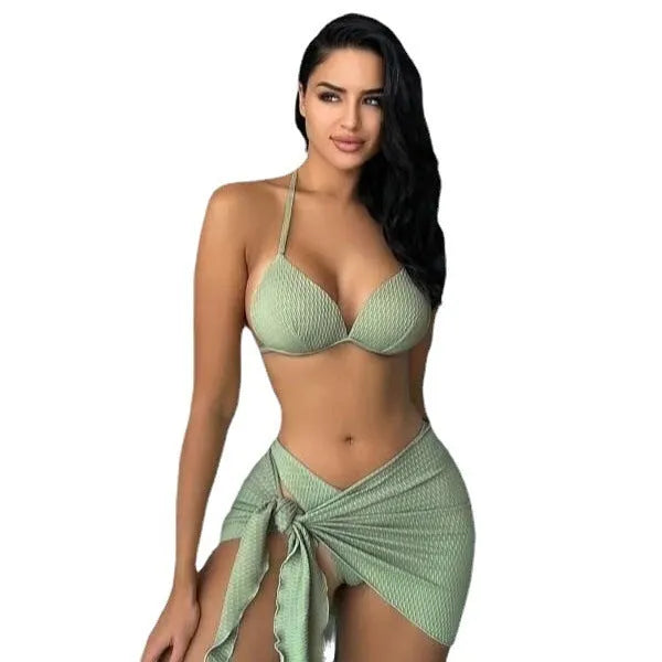 Women's sexy Russian split style three-piece swimsuit set in avocado green.