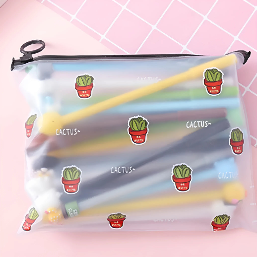 Cartoon cactus-themed ballpoint pen set showing 20 pens with 0.5mm black refills in plastic storage case