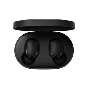 Redmi AirDots black true wireless Bluetooth headphones with charging case.