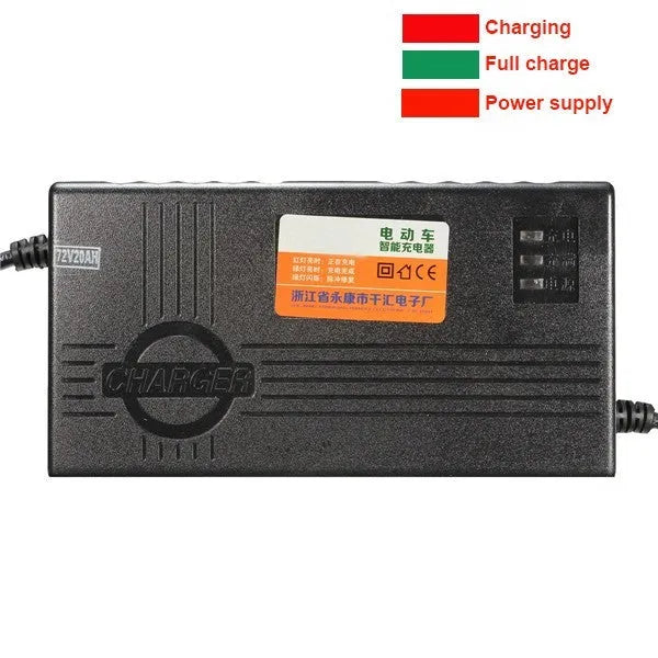 Black 72V20AH electric vehicle battery charger with dimensions 165mm by 87mm by 63mm.
