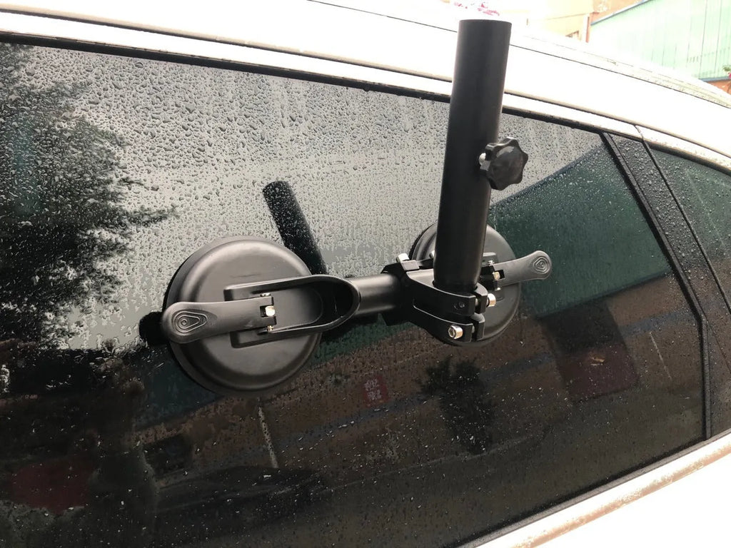 Black off-road car sucker mount with rubber suction cup for attaching flags to vehicle windows.