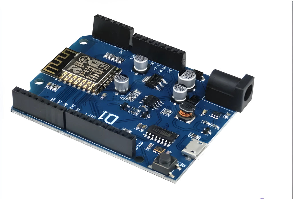 Black ESP-8266EX WiFi development board with Arduino compatibility and onboard power supply