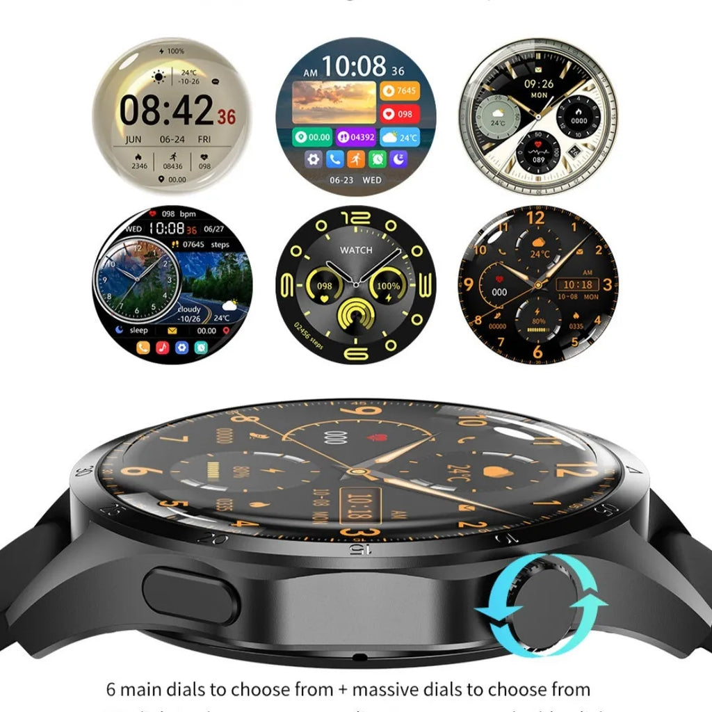 Black Bluetooth smartwatch with health monitoring features on either silicone sport or Milan mesh metal strap