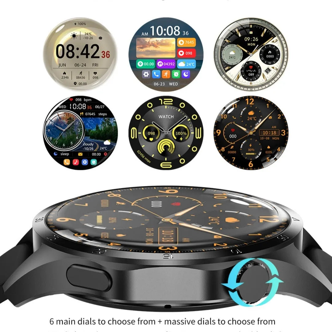 Black Bluetooth smartwatch with health monitoring features on either silicone sport or Milan mesh metal strap