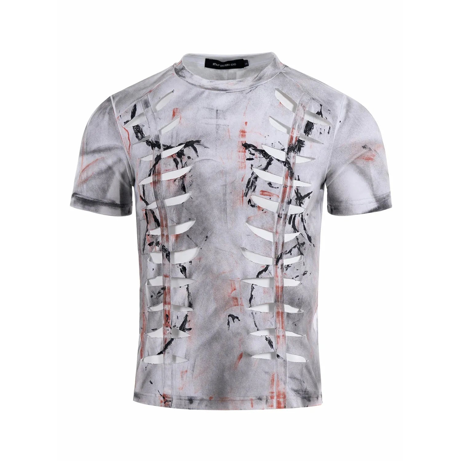 White men's stretch cotton short sleeve t-shirt with hollow-out detail and round neck collar.
