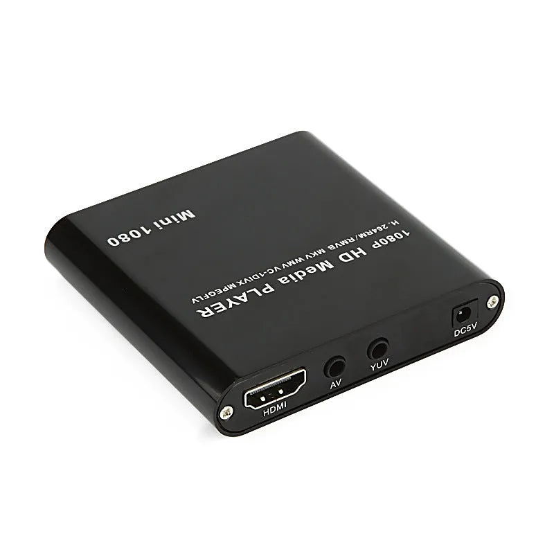 Compact blue 1080p Full HD media player with remote control on a black background.