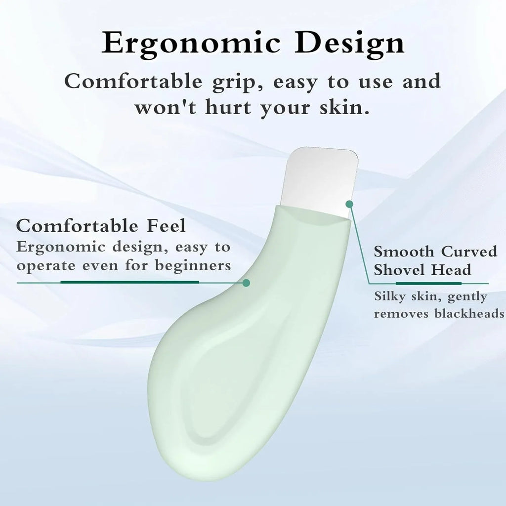 Green stainless steel facial blackhead scraper tool with a silicone non-slip handle.