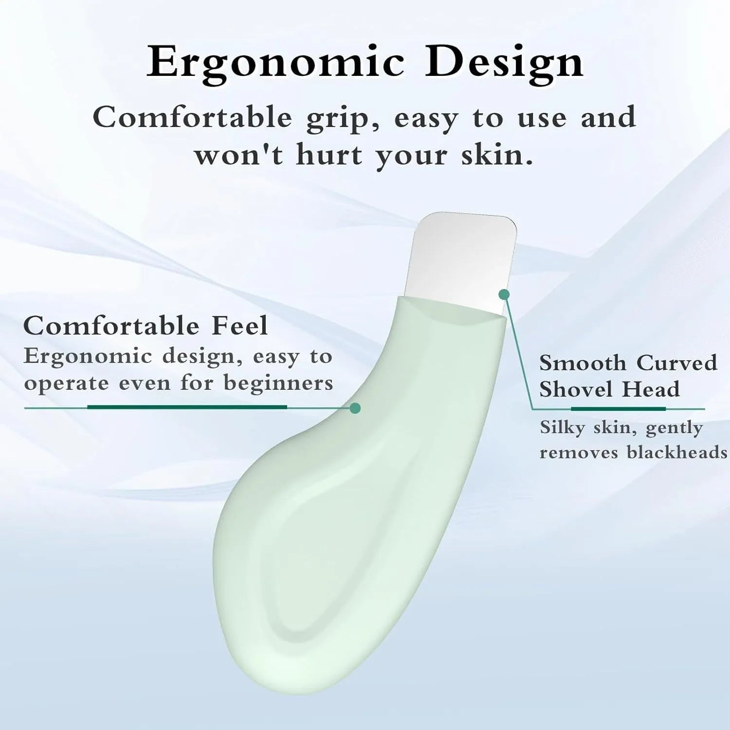 Green stainless steel facial blackhead scraper tool with a silicone non-slip handle.