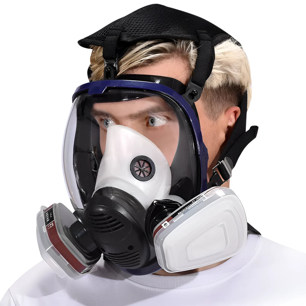 Blue edged silicone full face mask with trapezoidal canister connector for KN95 dust and poison protection