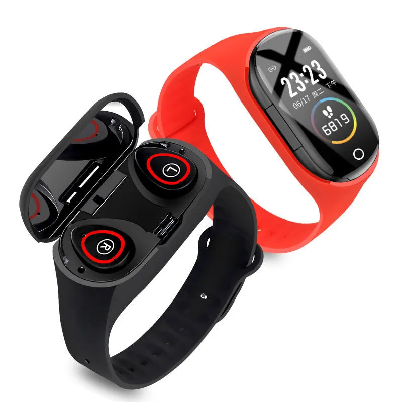 Blue smart bracelet earphone combo wearable device with silicone wristband and 1-inch screen display