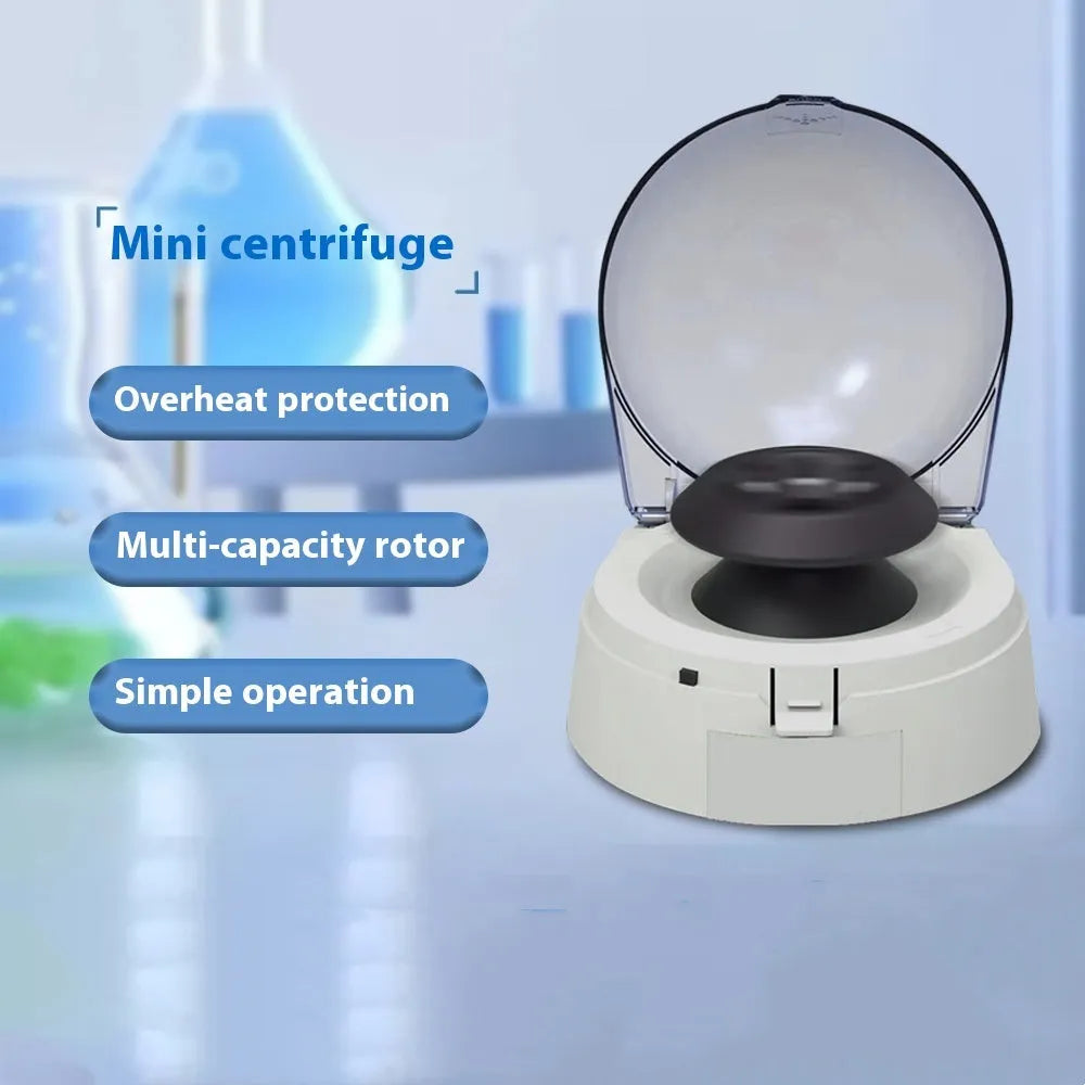 Mini laboratory centrifuge on a benchtop with dimensions 157mm wide by 170mm deep