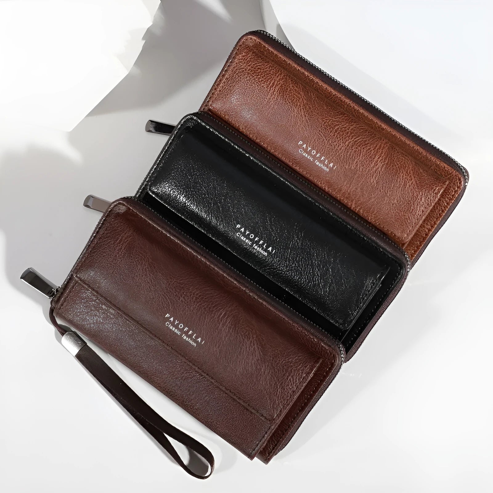 Men's black PU leather wallet with multiple card slots showing 19 cm length