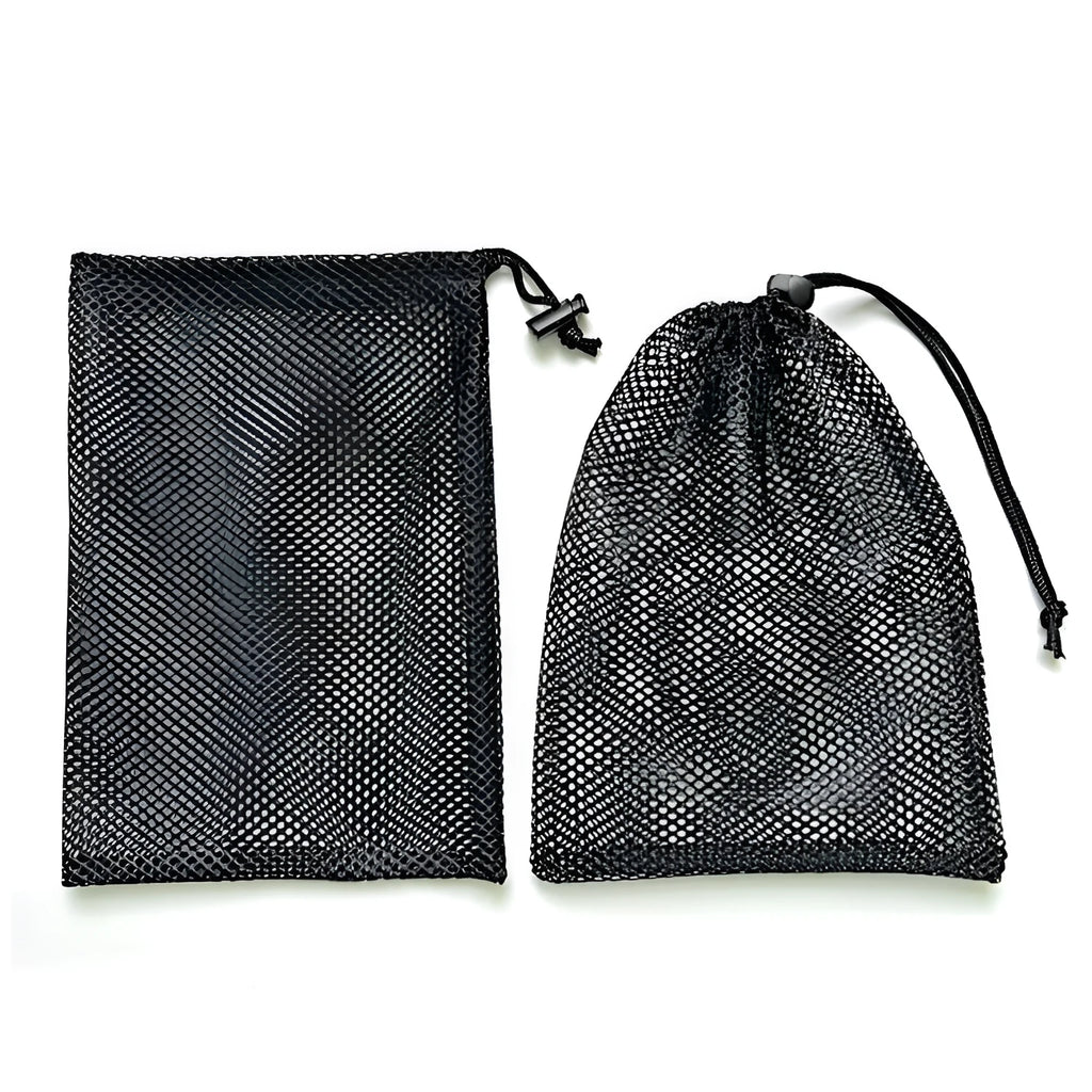 Black mesh drawstring storage bag for water balloons, shown in three available sizes.