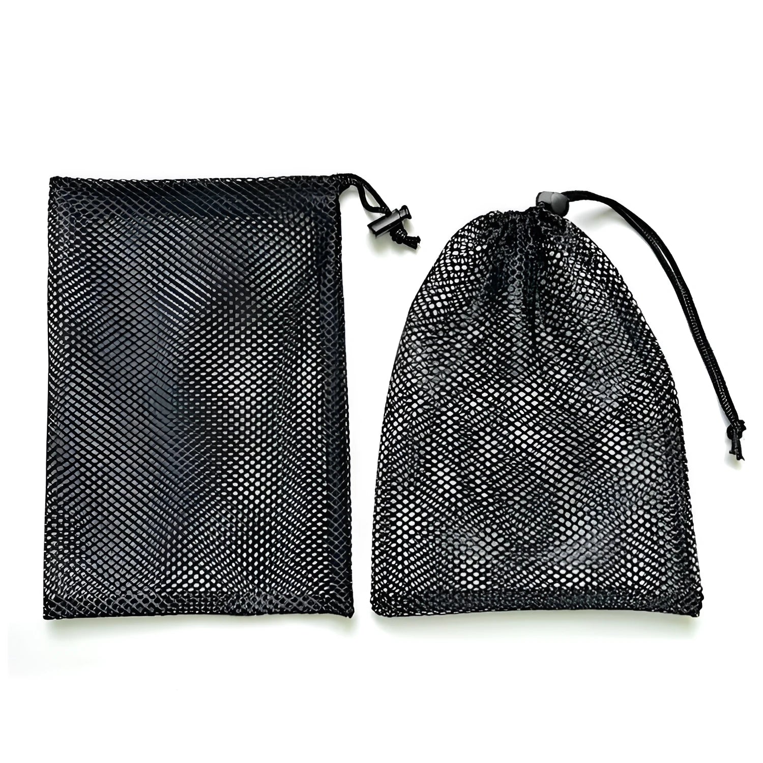 Black mesh drawstring storage bag for water balloons, shown in three available sizes.