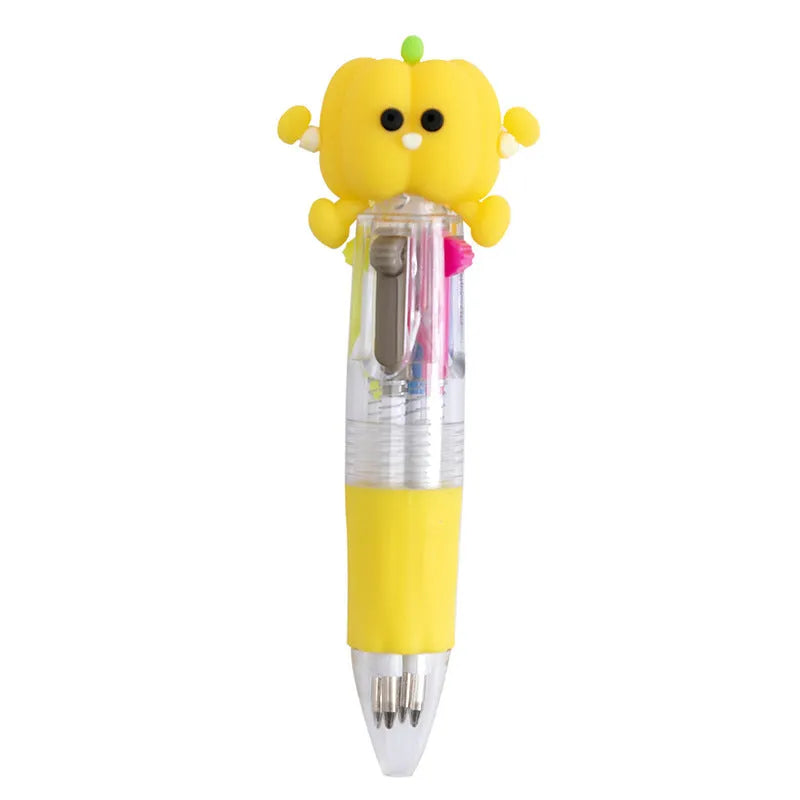 Cute cartoon four-colour press ballpoint pen with silicone grip and 0.7mm tip