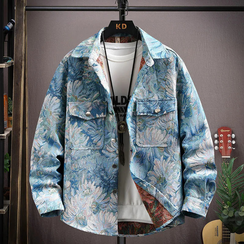 Men's casual lapel shirt coat in polyester with straight hem and long sleeves for spring and autumn wear