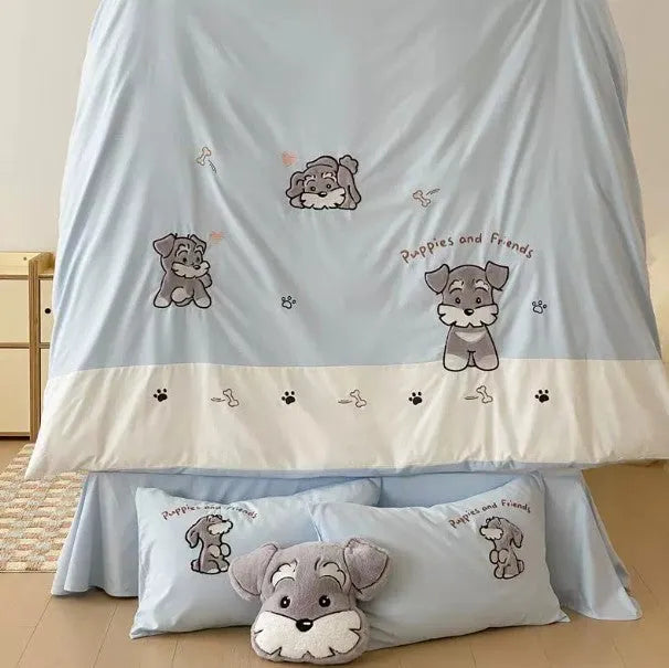 Schnauzer cartoon pattern four-piece bedding set with embroidered details on thickened cotton fabric