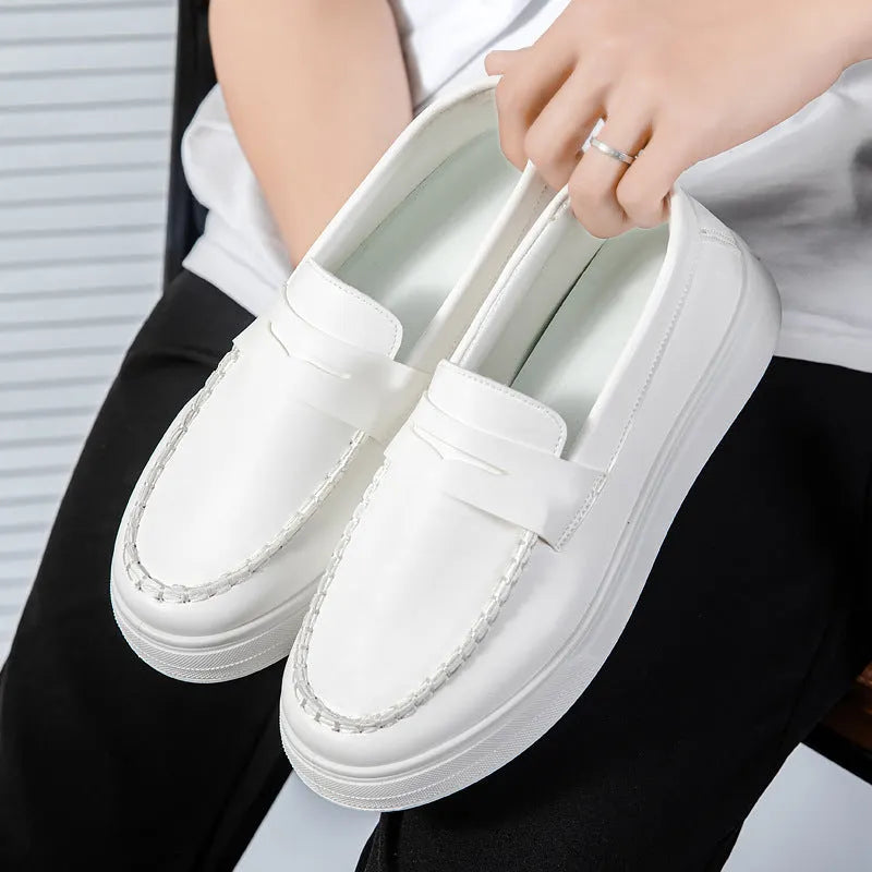 Men's round toe casual shoes in white, black and white, and khaki colours with a PU upper.