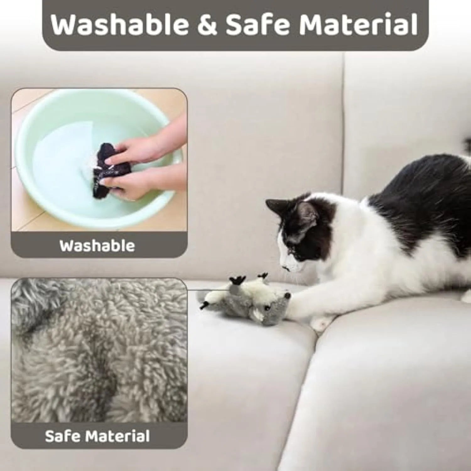 Grey plush flapping squirrel cat toy with USB charging port